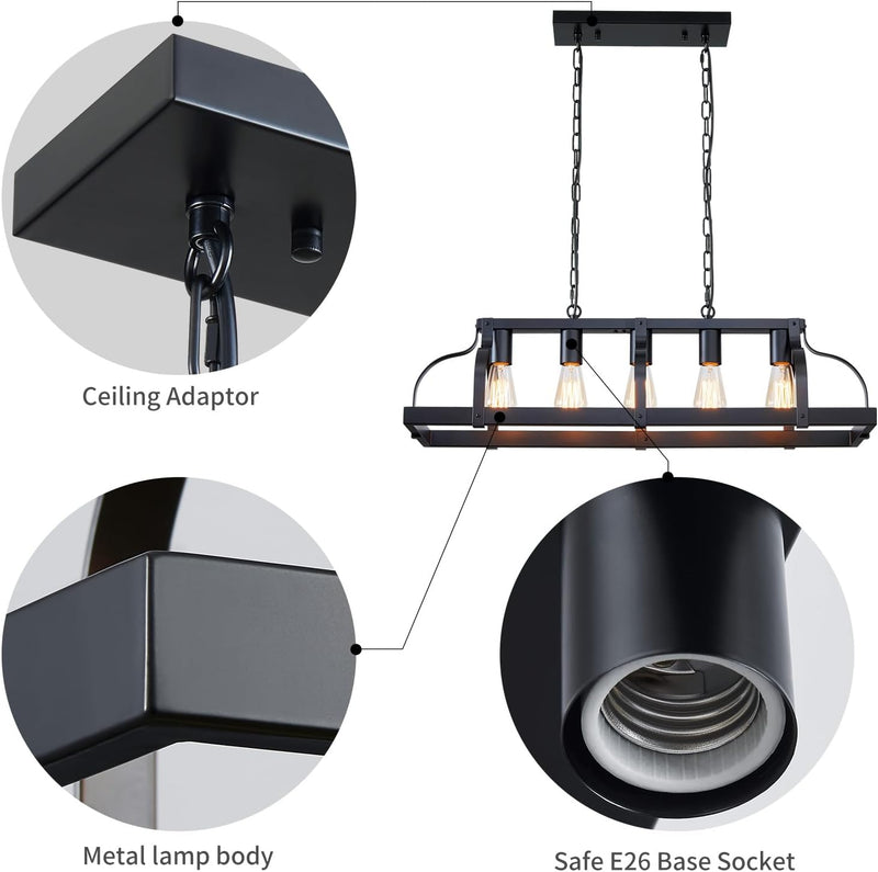 5-Light Metal Chandelier Imitation Wood Grain Linear Pendant