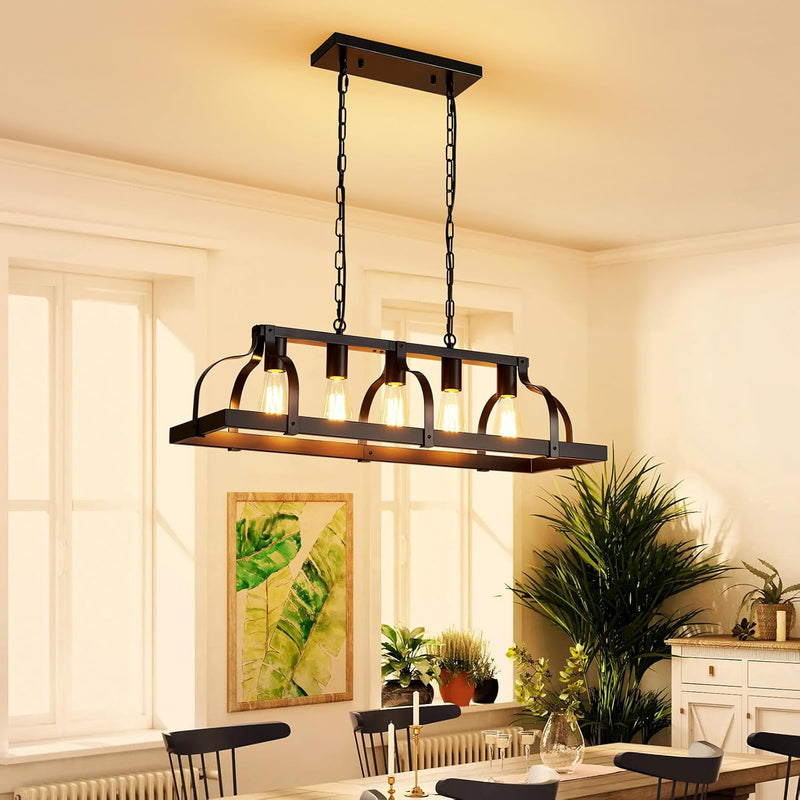 5-Light Metal Chandelier Imitation Wood Grain Linear Pendant