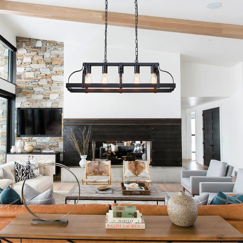 5-Light Metal Chandelier Imitation Wood Grain Linear Pendant