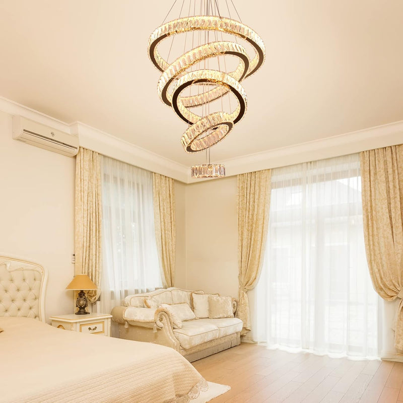 5-Ring LED Crystal Chandelier Ceiling Light 2700K Warm