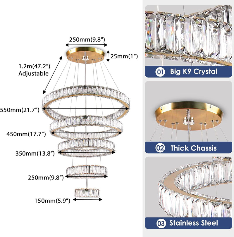 5-Ring LED Crystal Chandelier Ceiling Light 2700K Warm