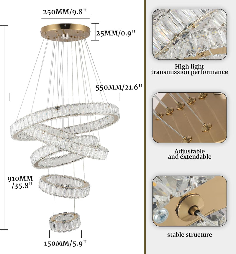 5-Ring LED Crystal Chandelier Ceiling Light 2700K Warm
