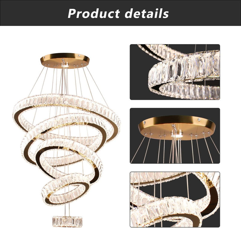 5-Ring LED Crystal Chandelier Ceiling Light 2700K Warm