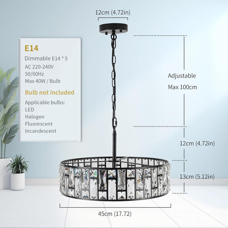 5- Round Crystal Drum Pendant Light Fitting Adjustable