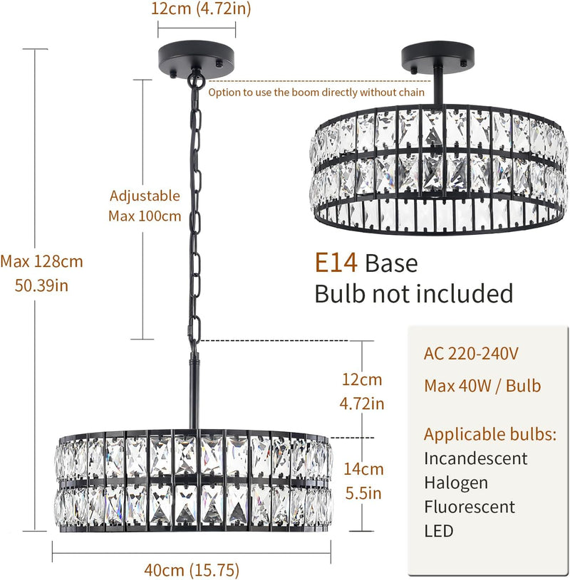 5- Round Crystal Drum Pendant Light Fitting Adjustable