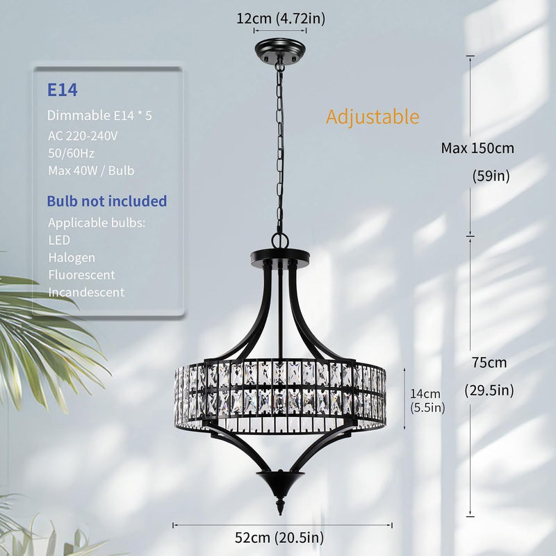 5- Round Crystal Drum Pendant Light Fitting Adjustable
