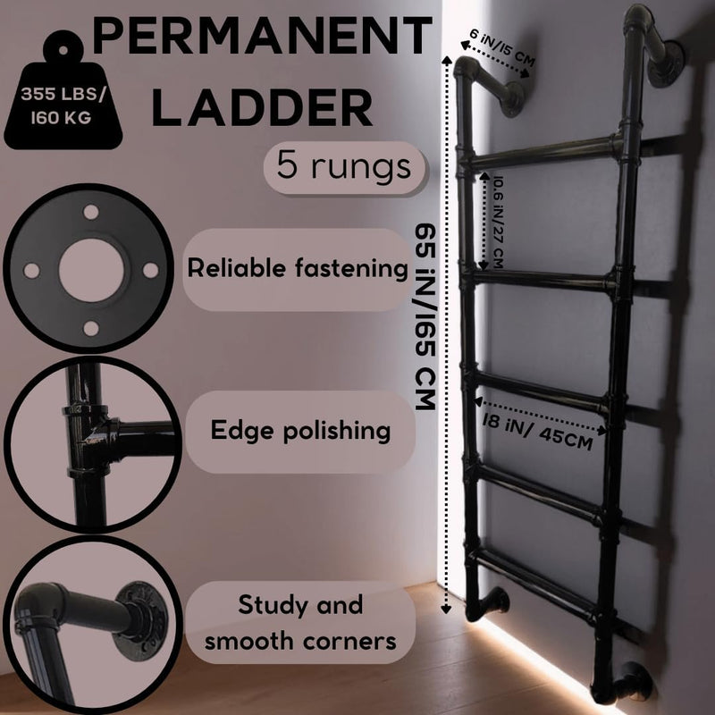 5-Rung Wall-Mounted Ladder Loft 5 Steps for Dorm