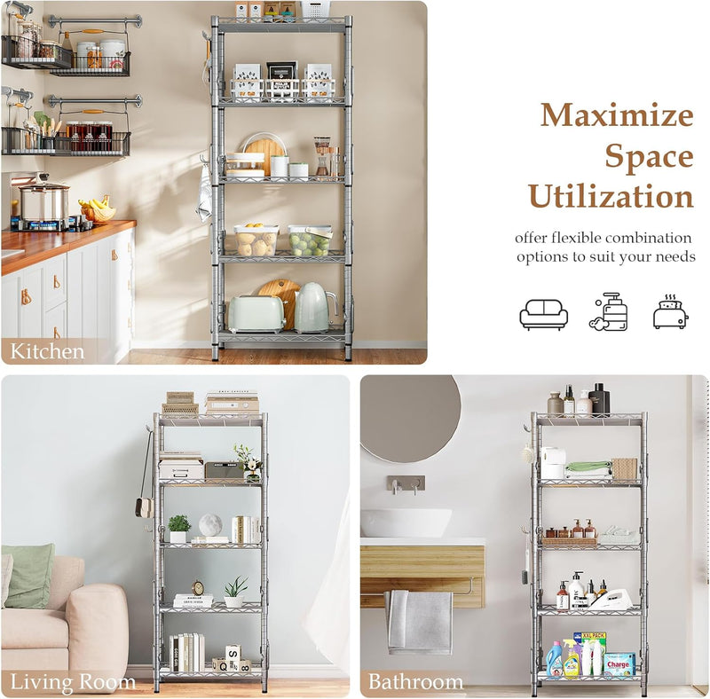 5-Shelf Shelving Unit with Height Adjustable Shelves Metal