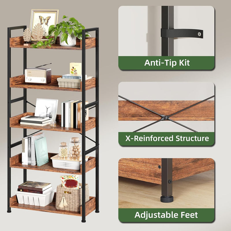 5-Tier Bookcase for Living Room Tall Bookshelf