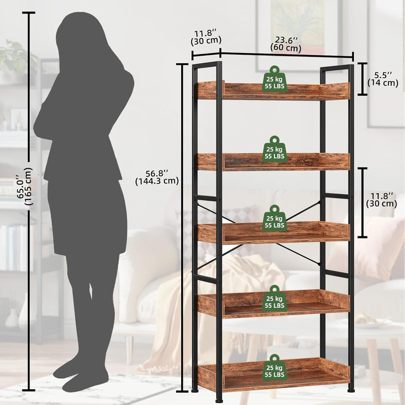 5-Tier Bookcase for Living Room Tall Bookshelf