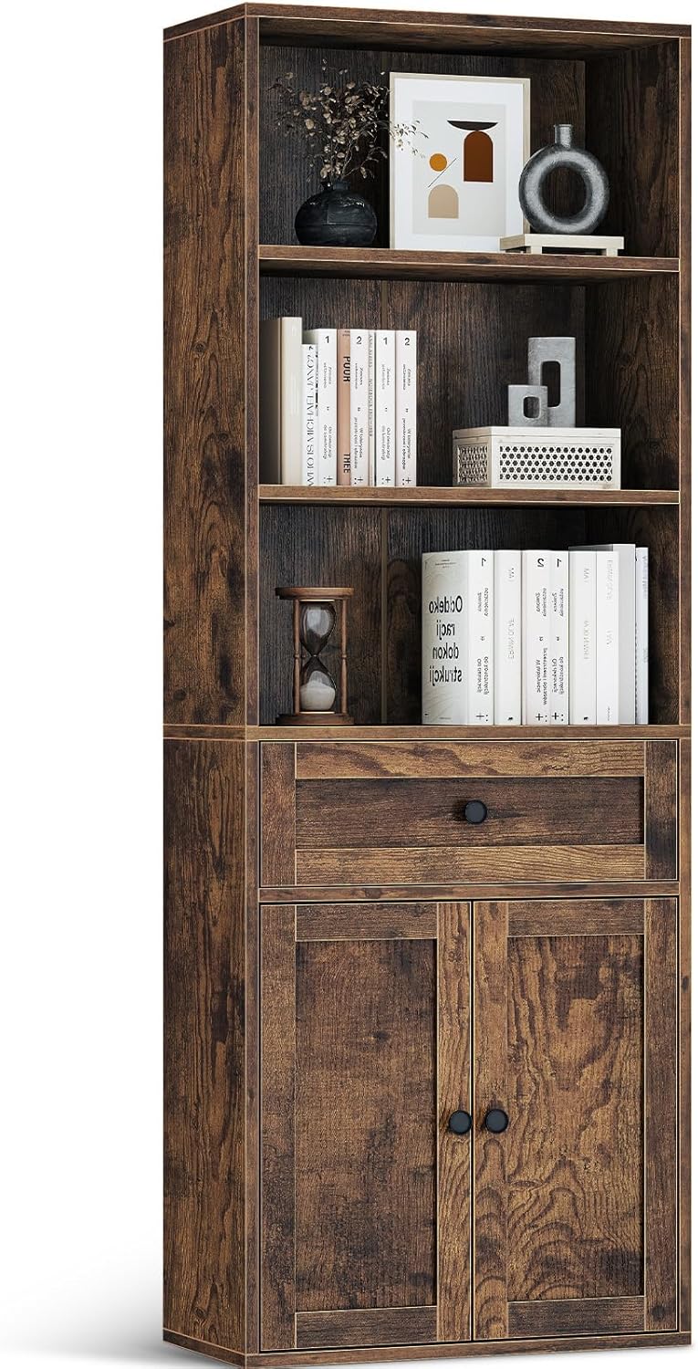 5-Tier Bookcase with Doors and Drawer