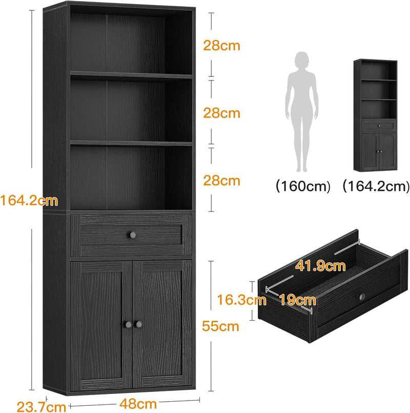 5-Tier Bookcase with Doors and Drawer