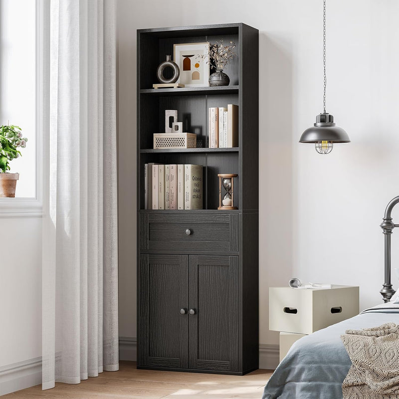 5-Tier Bookcase with Doors and Drawer