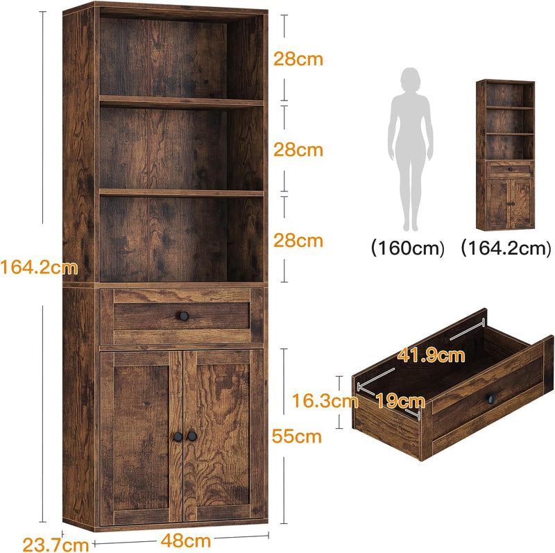 5-Tier Bookcase with Doors and Drawer