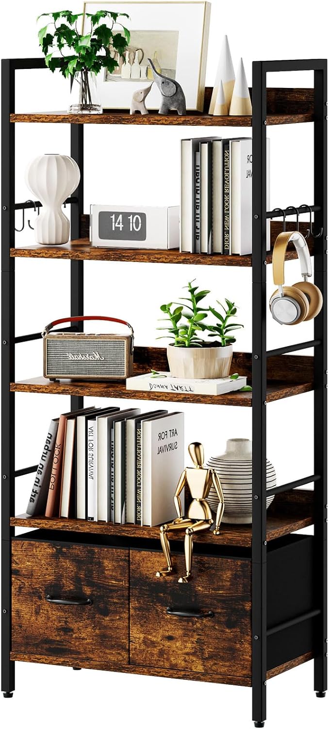 5-Tier Bookshelf Widening Bookcase with 2 Fabric Cloth