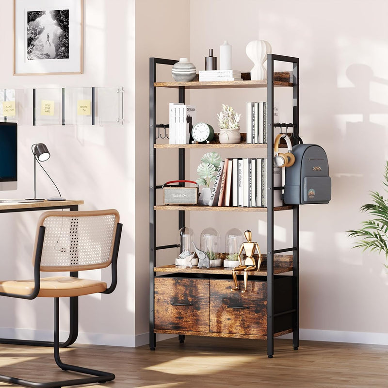 5-Tier Bookshelf Widening Bookcase with 2 Fabric Cloth