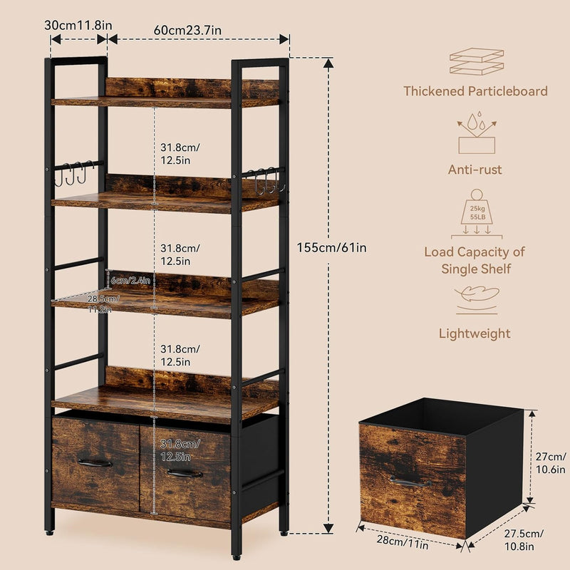 5-Tier Bookshelf Widening Bookcase with 2 Fabric Cloth