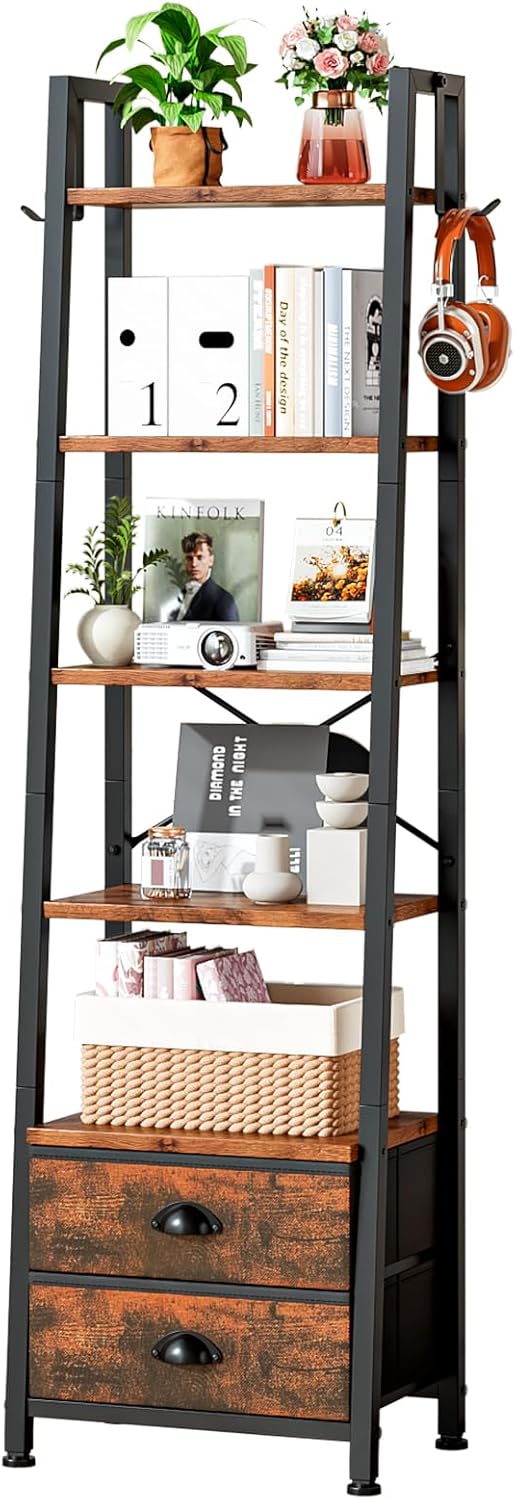 5 Tier Bookshelf with 2 Fabric Drawers Slim