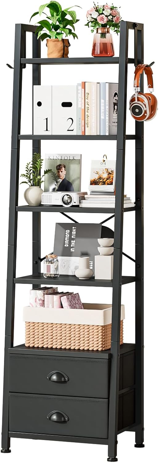 5 Tier Bookshelf with 2 Fabric Drawers Slim