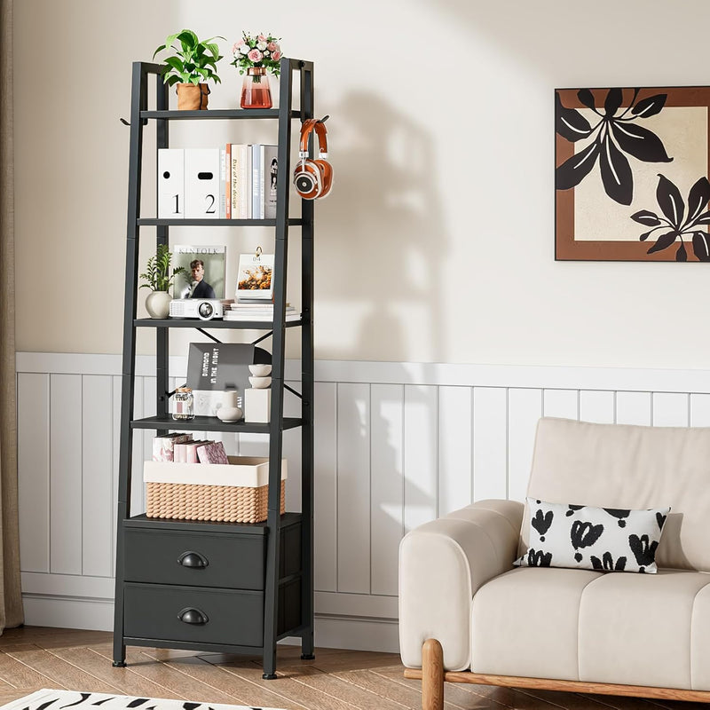 5 Tier Bookshelf with 2 Fabric Drawers Slim