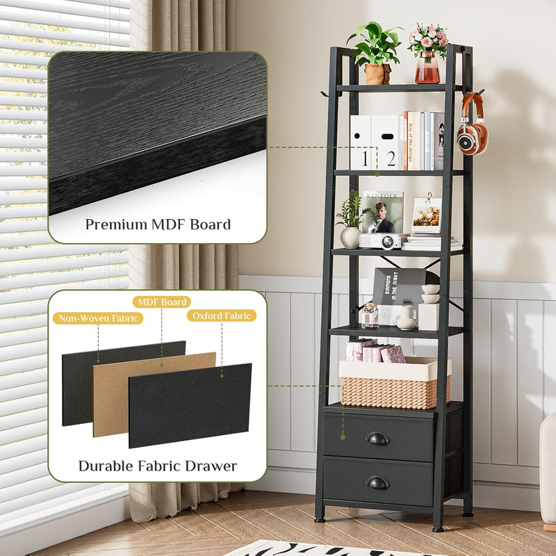 5 Tier Bookshelf with 2 Fabric Drawers Slim