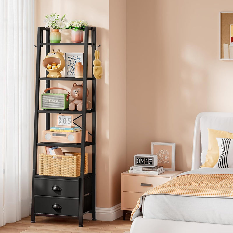 5 Tier Bookshelf with 2 Fabric Drawers Slim