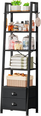 5 Tier Bookshelf with 2 Fabric Drawers Slim