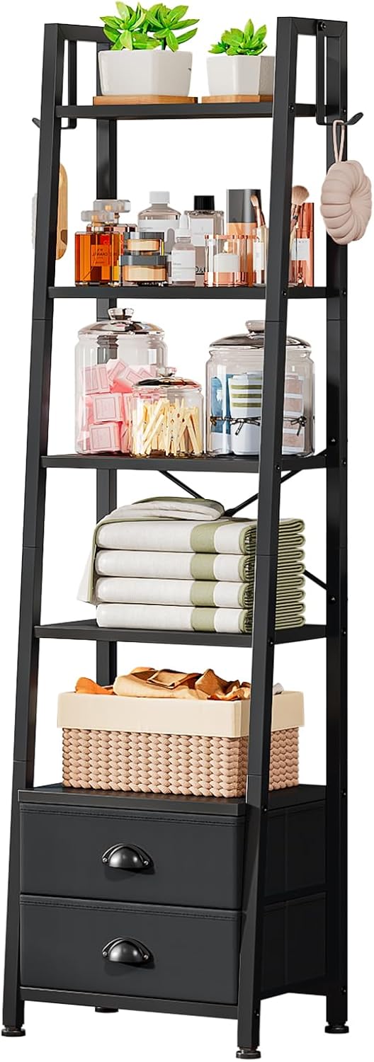 5 Tier Bookshelf with 2 Fabric Drawers Slim