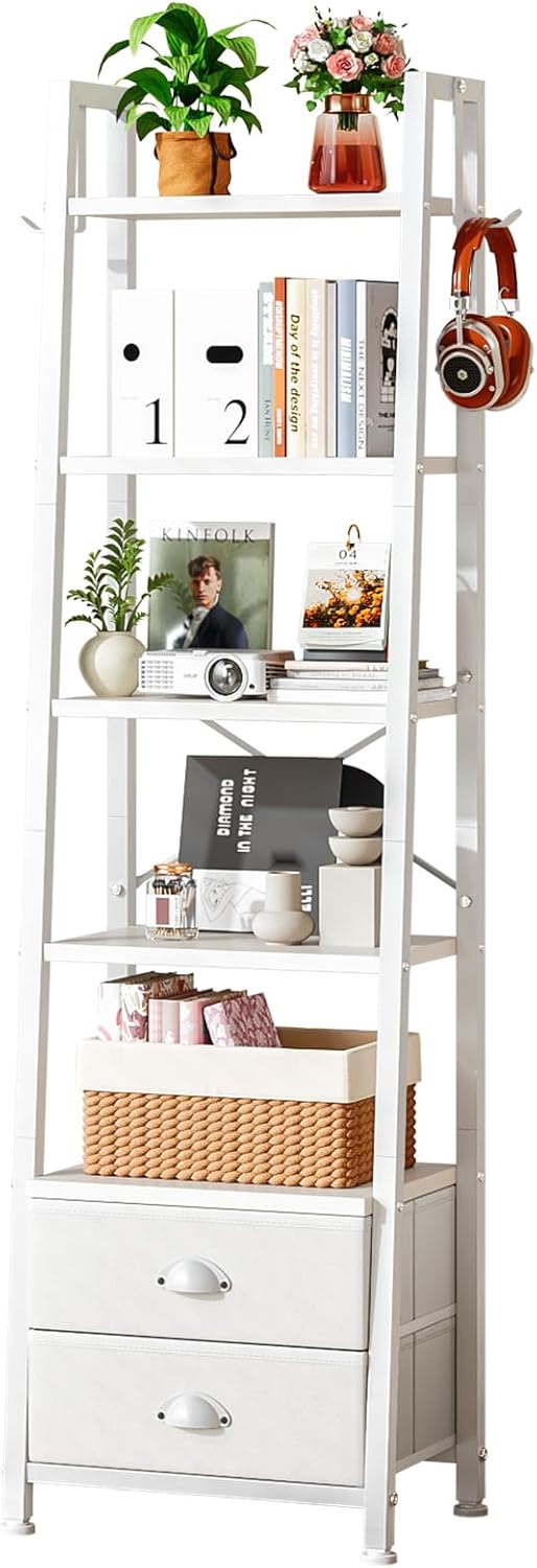 5 Tier Bookshelf with 2 Fabric Drawers Slim
