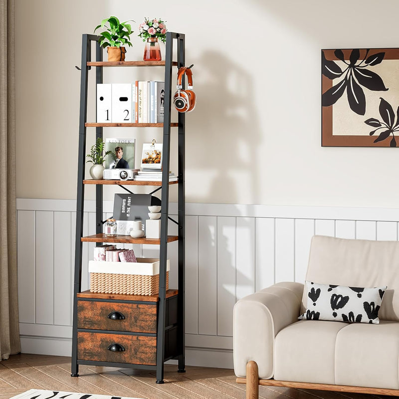 5 Tier Bookshelf with 2 Fabric Drawers Slim