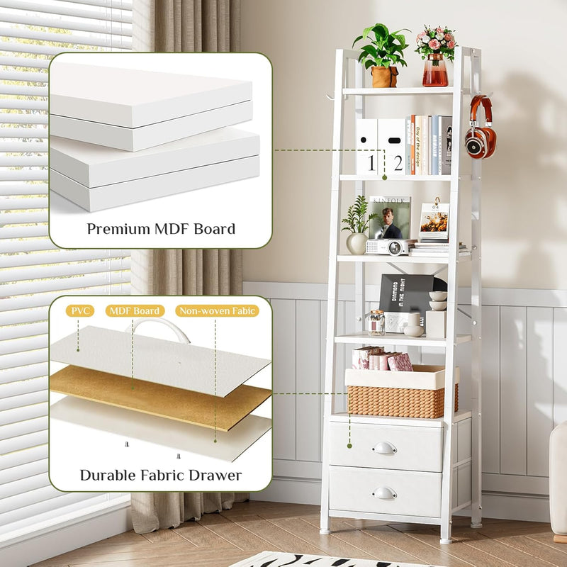 5 Tier Bookshelf with 2 Fabric Drawers Slim