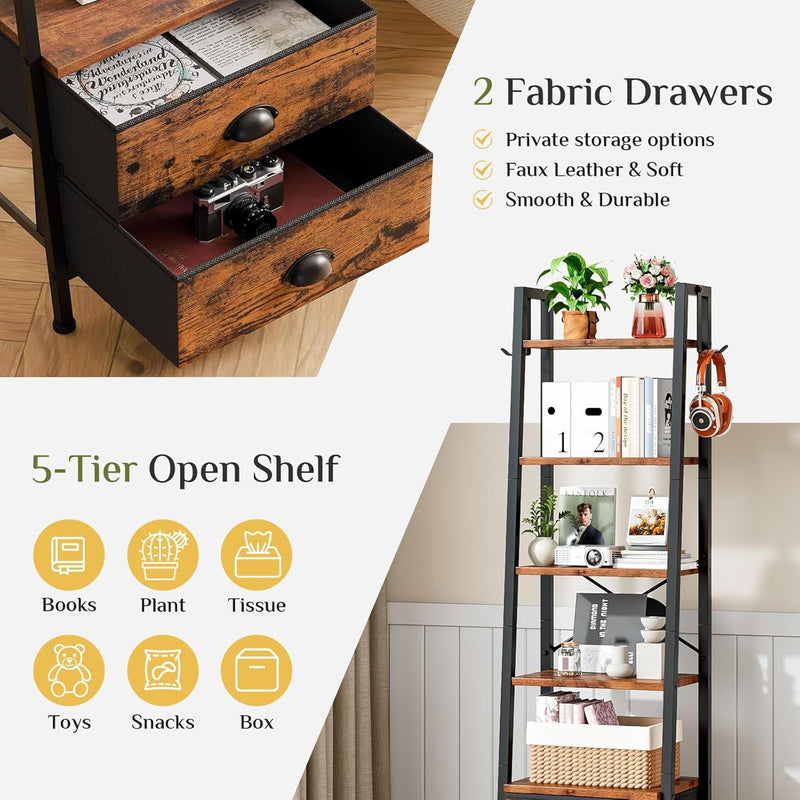5 Tier Bookshelf with 2 Fabric Drawers Slim