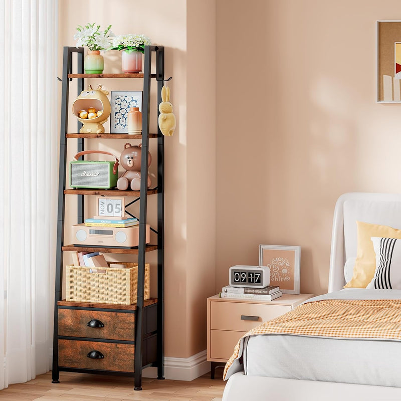 5 Tier Bookshelf with 2 Fabric Drawers Slim