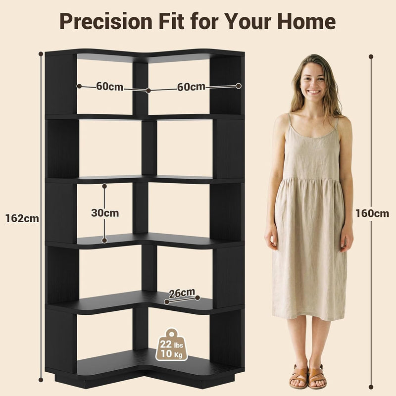 5-Tier Corner Bookshelf L-Shaped Bookcase Space-Saving