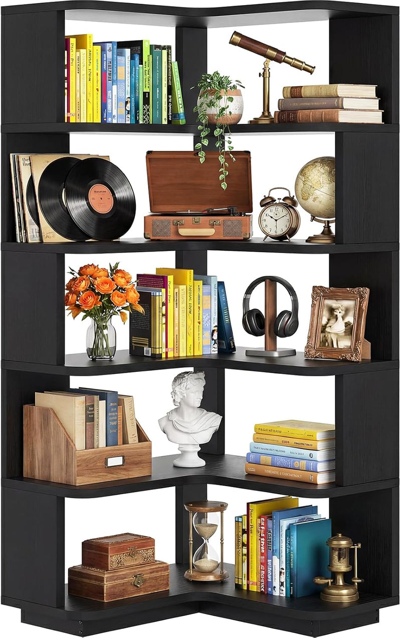 5-Tier Corner Bookshelf L-Shaped Bookcase Space-Saving