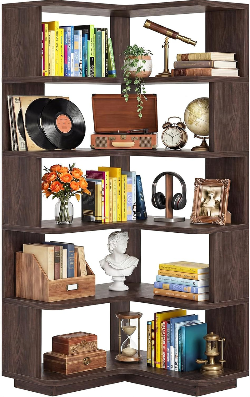 5-Tier Corner Bookshelf L-Shaped Bookcase Space-Saving