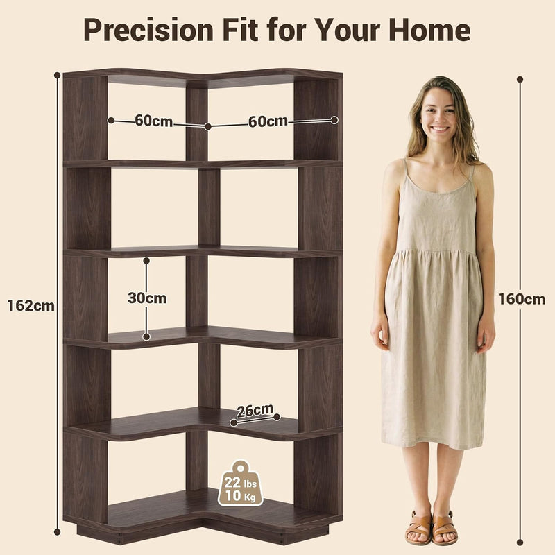 5-Tier Corner Bookshelf L-Shaped Bookcase Space-Saving