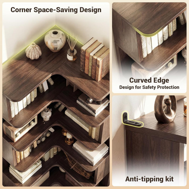 5-Tier Corner Bookshelf L-Shaped Bookcase Space-Saving