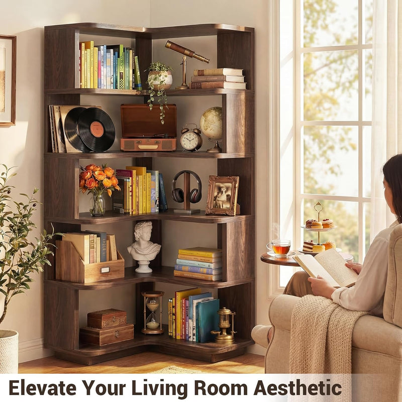 5-Tier Corner Bookshelf L-Shaped Bookcase Space-Saving