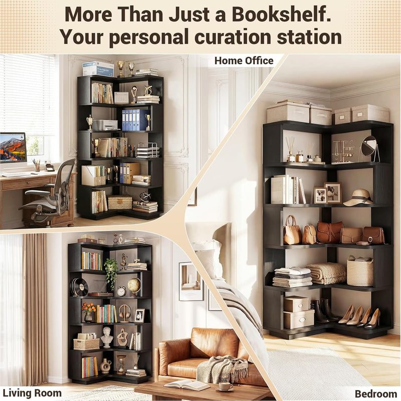 5-Tier Corner Bookshelf L-Shaped Bookcase Space-Saving