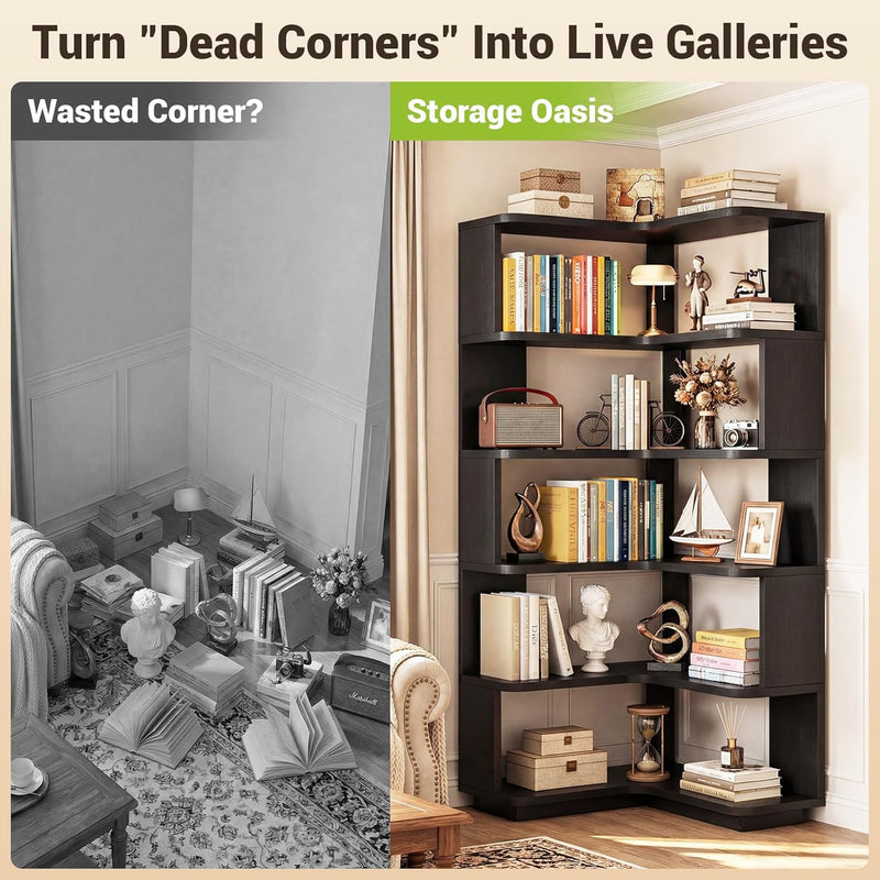 5-Tier Corner Bookshelf L-Shaped Bookcase Space-Saving