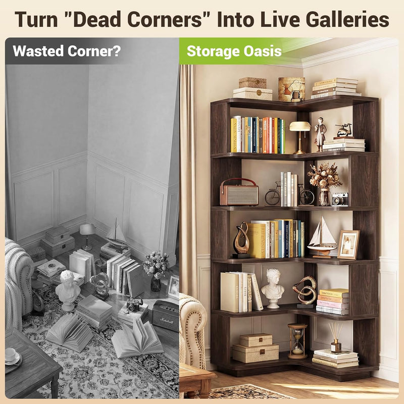 5-Tier Corner Bookshelf L-Shaped Bookcase Space-Saving