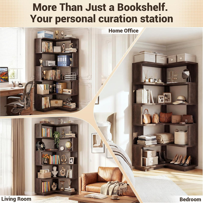 5-Tier Corner Bookshelf L-Shaped Bookcase Space-Saving