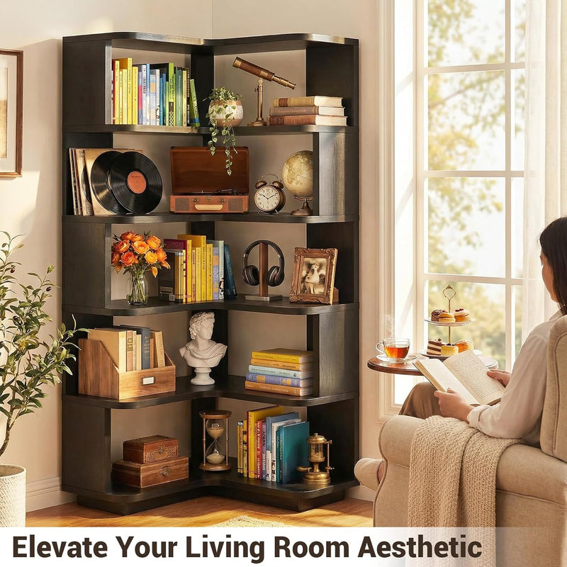 5-Tier Corner Bookshelf L-Shaped Bookcase Space-Saving