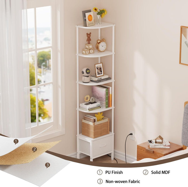 5-Tier Corner Shelf with LED Light Fabric Drawer