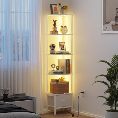 5-Tier Corner Shelf with LED Light Fabric Drawer