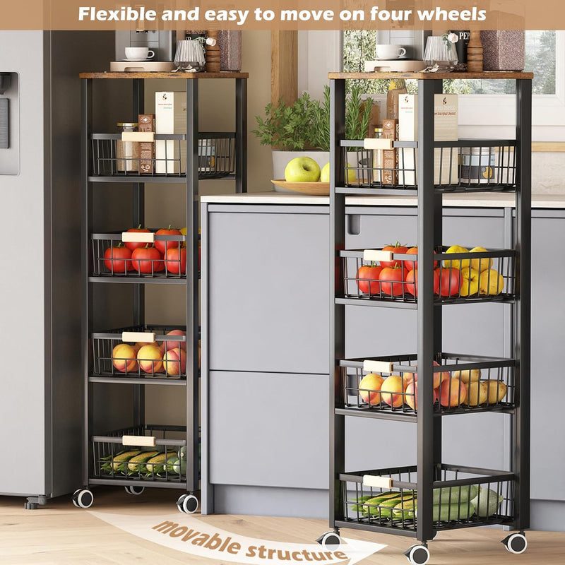 5-Tier Kitchen Storage Trolley Pull-Out Fruit Basket Stand
