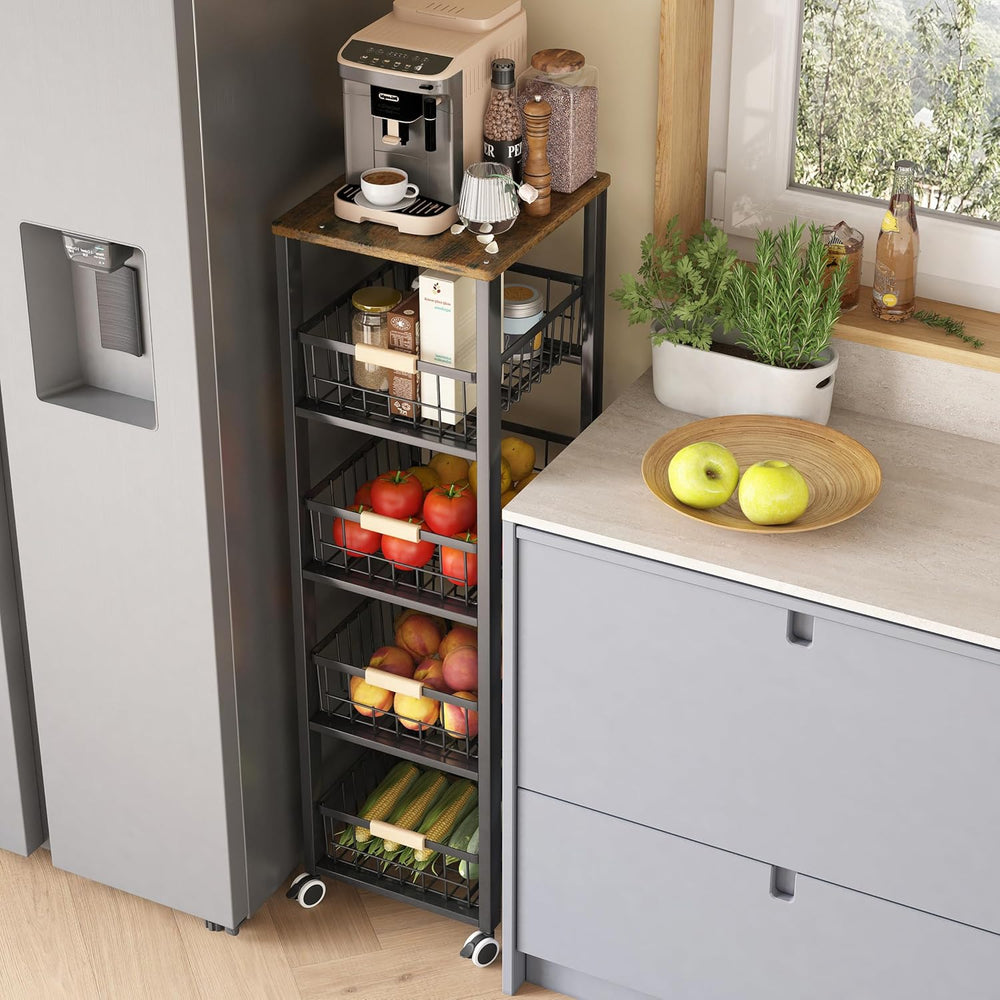 5-Tier Kitchen Storage Trolley Pull-Out Fruit Basket Stand