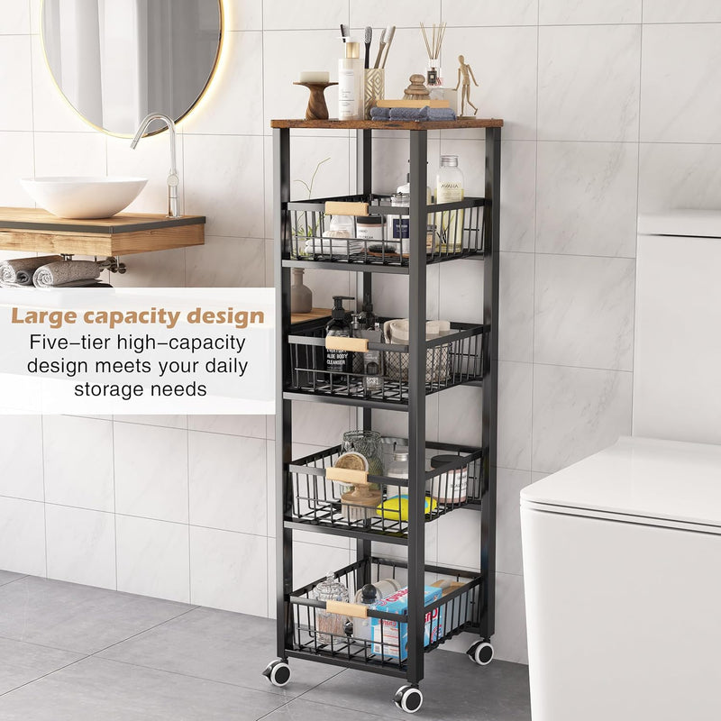 5-Tier Kitchen Storage Trolley Pull-Out Fruit Basket Stand