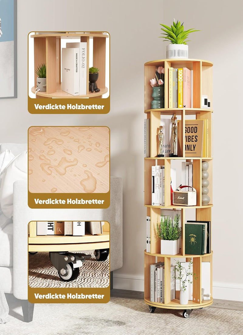 5 Tier Rotating Bookcase Original Wood Colour